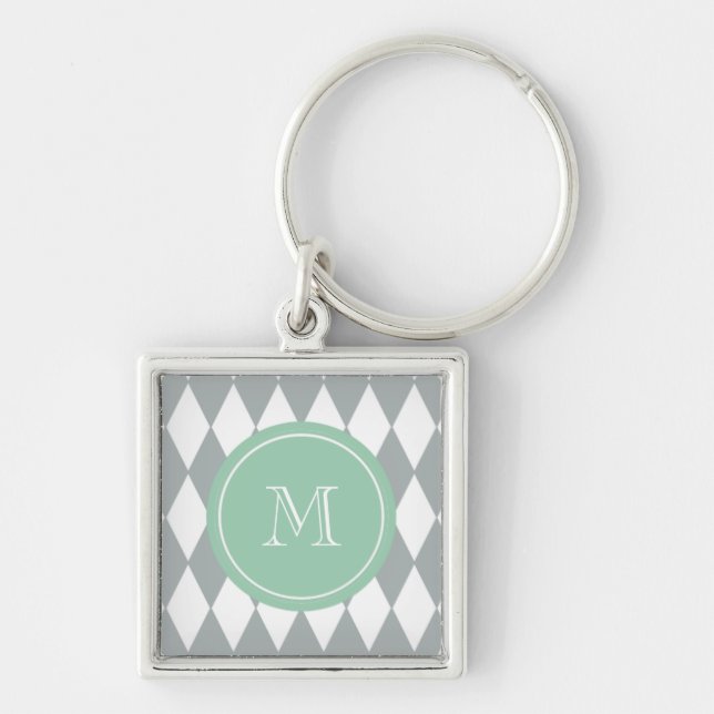 Grått vitHarlequinmönster, grön Monogram för Mint Fyrkantig Silverfärgad Nyckelring (Framsidan)