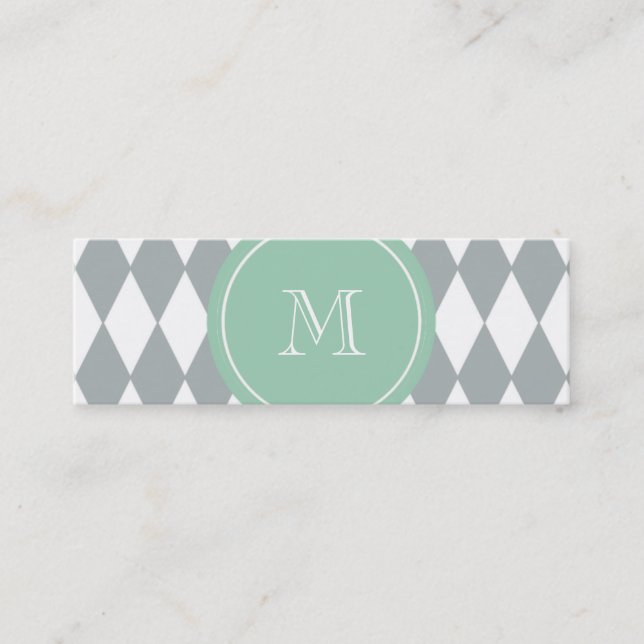 Grått vitHarlequinmönster, grön Monogram för Mint Mini Visitkort (Framsida)
