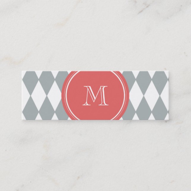 Grått vitHarlequinmönster, korallMonogram Mini Visitkort (Framsida)