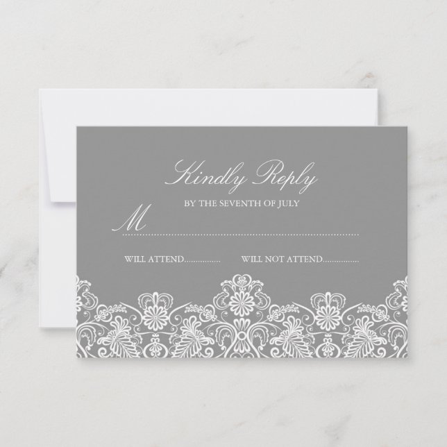 Grått & Vitt Blommigt Spetsbröllop RSVP OSA Kort (Framsida)
