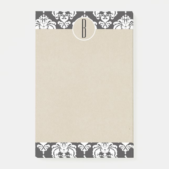 Grått Vitt Glam Damask Kraft Monogram Initialt Post-it Block (Framsida)