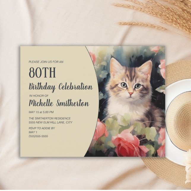 Grått Vitt Kattunge 80-årsdag Inbjudningar (Cute gray and white kitten watercolor 80th birthday party invitation)