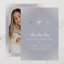 grått, vitt klassiskt deco guld monogram-foto spara datumet