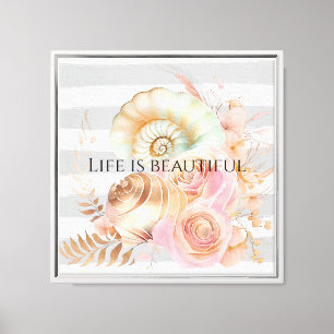 Grått Watercolor Beach Rand Guld Blommigt Snäcka Canvastryck