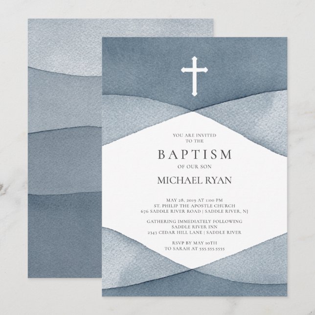 Grått Watercolor Boys Baptism Inbjudningar (Fram/baksida)