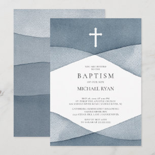 Grått Watercolor Boys Baptism Inbjudningar