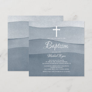 Grått Watercolor Boys Baptism Inbjudningar