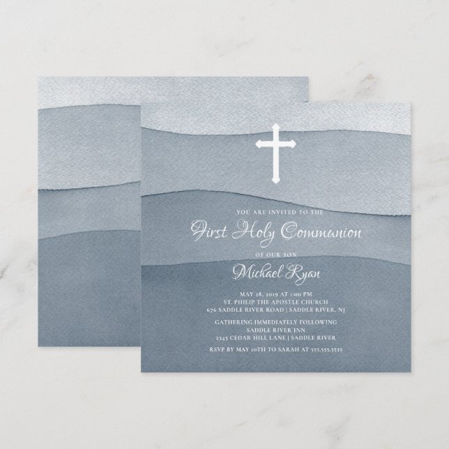 Grått Watercolor Boys First Heliga Communion Inbjudningar (Fram/baksida)