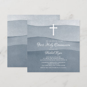 Grått Watercolor Boys First Heliga Communion Inbjudningar