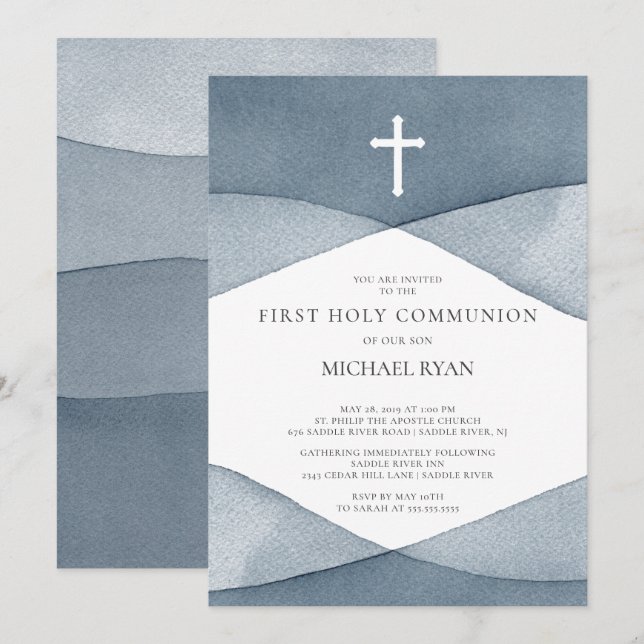 Grått Watercolor Boys First Heliga Communion Inbjudningar (Fram/baksida)