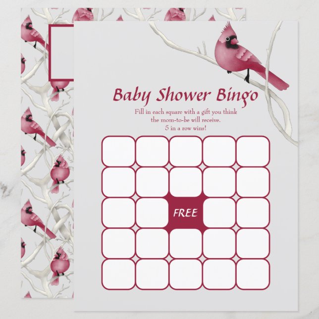 Grått Watercolor Cardinal Baby Shower Bingo Game (Fram/baksida)