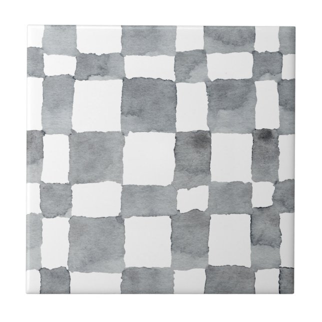 Grått Watercolor Checks Ceramic Tile Kakelplatta (Framsidan)