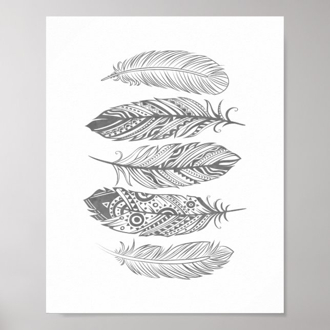 Grått Watercolor Feather Tribal Print Poster (Framsidan)
