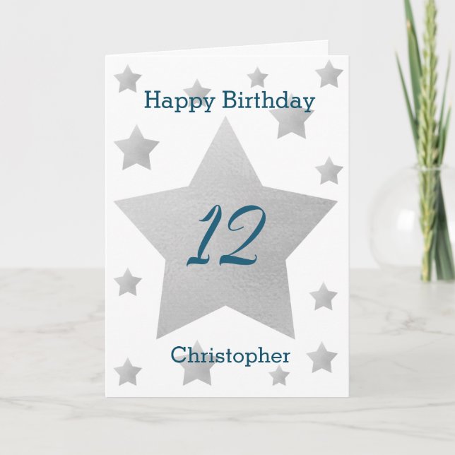 Grått Watercolor Stars 12:e Birthday Card Kort (Framsida)
