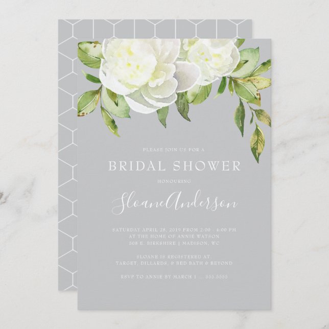 Grått Watercolor Vår Blommigt Peony Möhippa Inbjudningar (Fram/baksida)