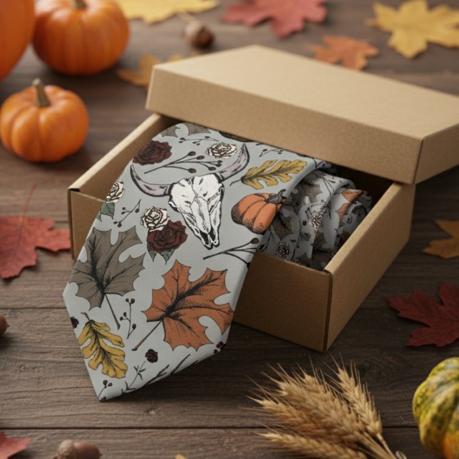 Grått Western Bull Skull Land Slips (Modern Gray Thanksgiving Foliage Mens Tie. Fall Harvest, Cow Skull, Leaves Pattern in Autumn Colors.)