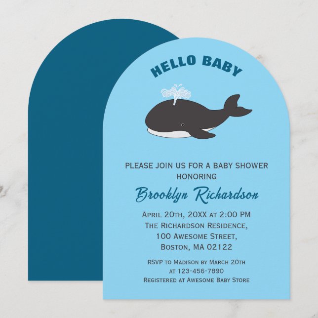 Grått Whale Blue under Sea Hej Baby Shower Inbjudningar (Fram/baksida)