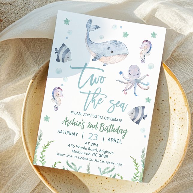 Grått Whale Two the Sea 2nd Birthday bjudande Inbjudningar (Boys TWO the Sea 2nd Birthday Party Invitation, Cute Whale Under the Sea Second birthday Invite )