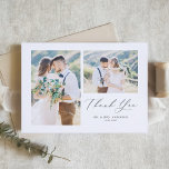 Grått Whimsical Calligraphy Photo Collage Bröllop Tack Kort<br><div class="desc">Skicka din tacksamhet till gästerna för att de är en del av din speciella dag med det här anpassadets fotokollage tack för ditt platta kort. Den har ett vismiskt skript och klassisk typografi. Personlig genom att lägga till egna detaljer och med dina favoritfoton från bröllop.</div>