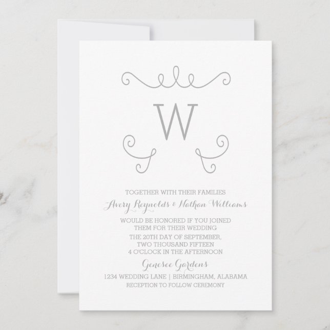 Grått Whimsical Flourish Monogram bröllopsinbjudan Inbjudningar (Framsida)