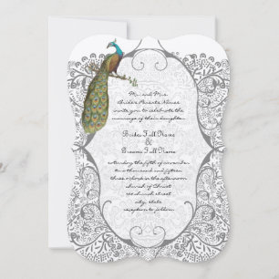 Grått Whimsical Peacock Love Bird Mönster Bröllop Inbjudningar