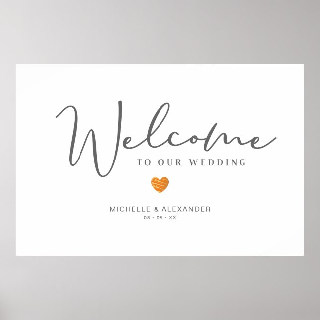 Grått Whimsical Welcome Bröllop Orange Heart Poster (Framsidan)