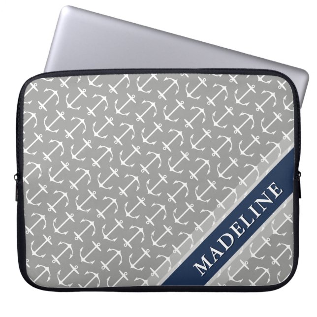 Grått White Anchor Mönster Navy Namn Laptop Fodral (Framsidan)
