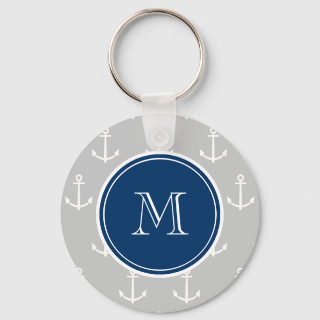 Grått White Anchors Mönster, marinblå monogram Nyckelring (Framsida)