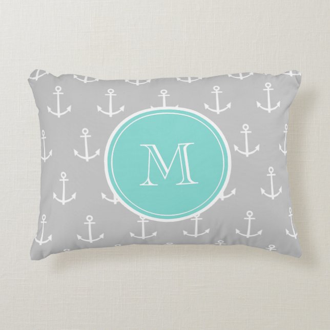 Grått White Anchors Mönster, Mint Monogram Prydnadskudde (Framsidan)