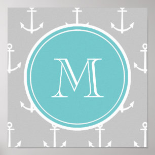 Grått White Anchors Mönster, Teal Monogram Poster