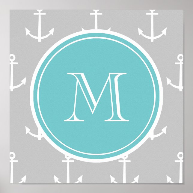 Grått White Anchors Mönster, Teal Monogram Poster (Framsidan)