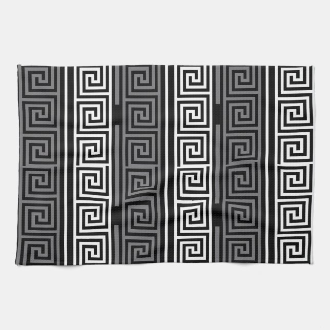 Grått White Black Nyckel Fret Mönster Design Kökshandduk (Horisontell)