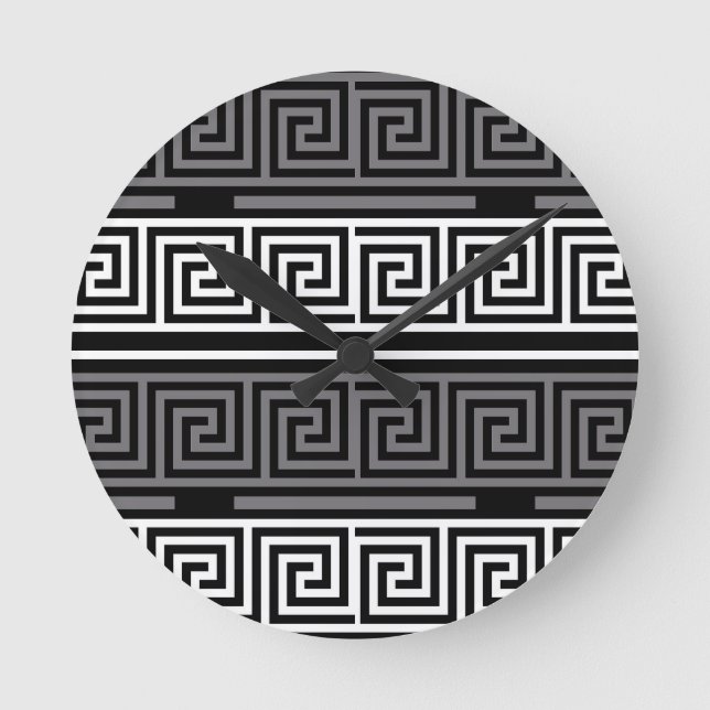 Grått White Black Nyckel Fret Mönster Design Rund Klocka (Framsida)