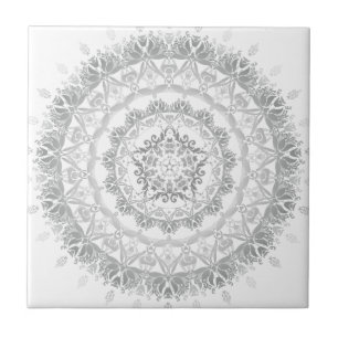 Grått White Blommigt Damask Mandala Kakelplatta