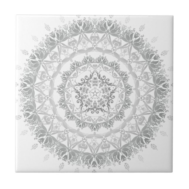 Grått White Blommigt Damask Mandala Kakelplatta (Framsidan)