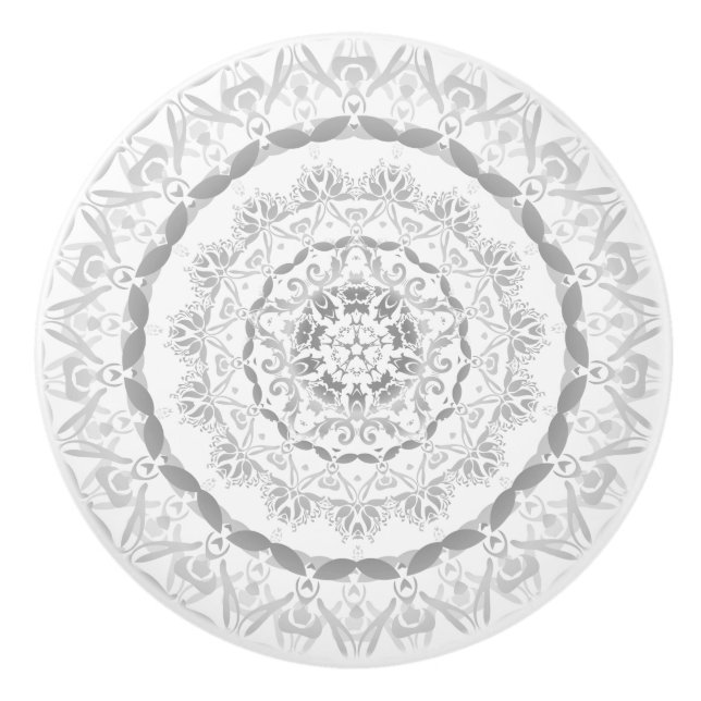 Grått White Blommigt Damask Mandala Knopp (Framsidan)