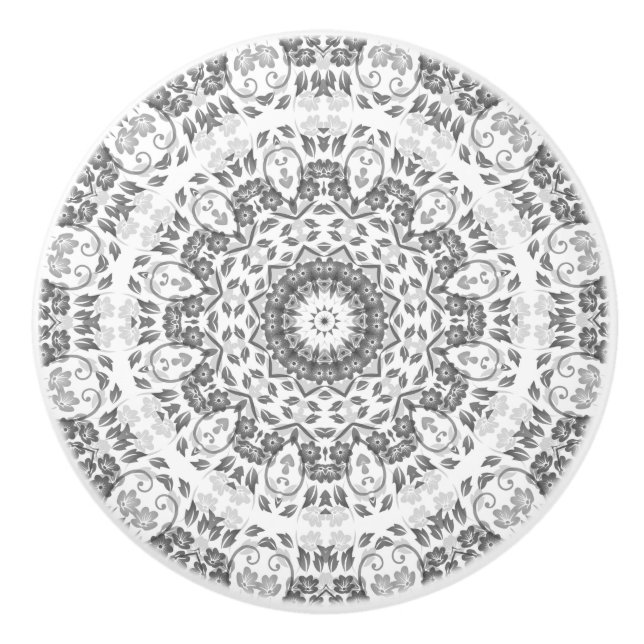 Grått White Blommigt Mandala Knopp (Framsidan)