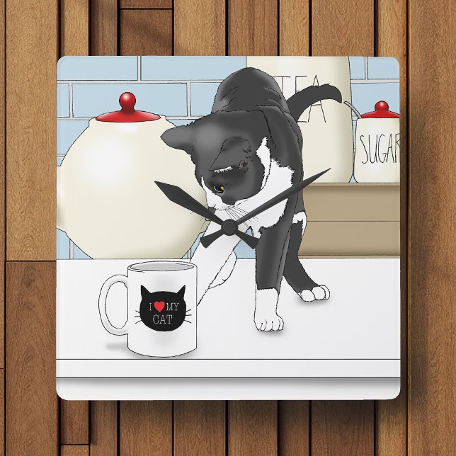 Grått White Cat Funny Tea Mugg Kitchen Fyrkantig Klocka (Skapare uppladdad)