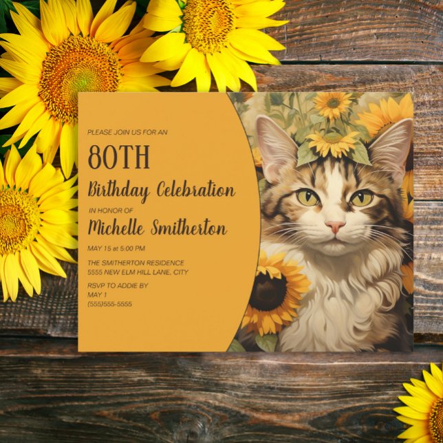 Grått White Cat Gult Solblommor 80:e födelsedagen Inbjudningar (Gray and white cat and sunflowers women's 80th birthday party invitation)
