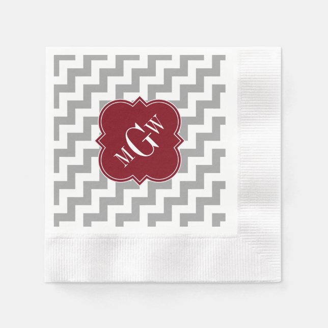 Grått White Chevron Burgundy Quatrefoil 3 Monogram Pappersservett (Framsidan)