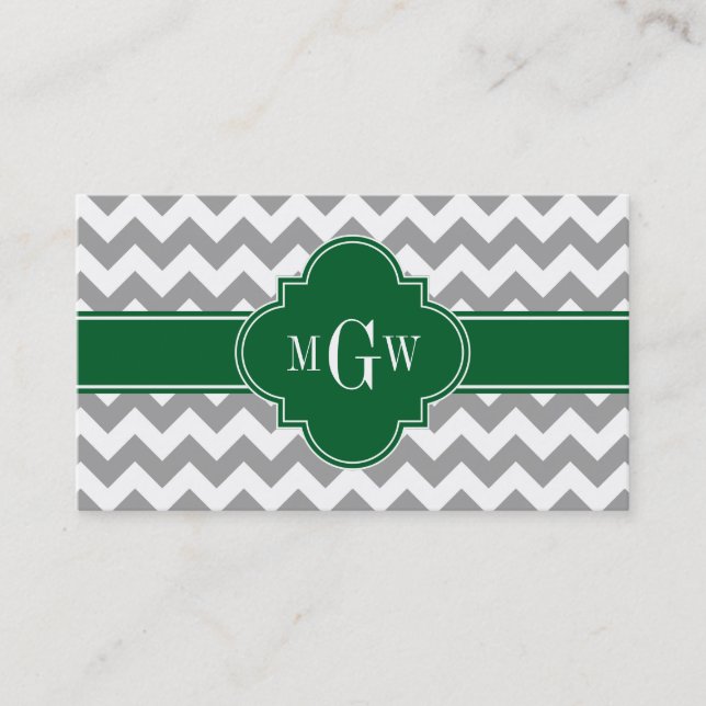 Grått White Chevron Emerald Quatrefoil 3 Monogram Visitkort (Framsida)