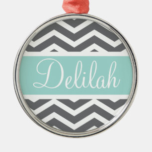Grått White Chevron Teal Namn Julgransprydnad Metall