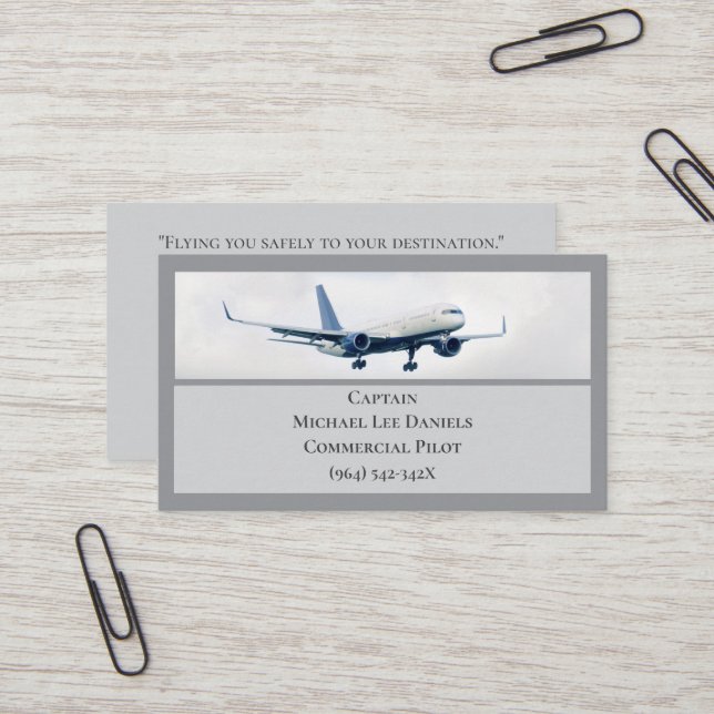 Grått White Commercial Airplane Pilot Visitkort (Fram/Back In Situ)