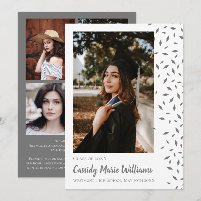 Grått White Confetti Studenten-meddelande Inbjudningar (Fram/baksida)