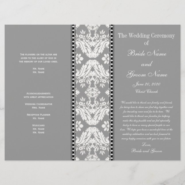 Grått White Damask Wedding Program (Framsida)