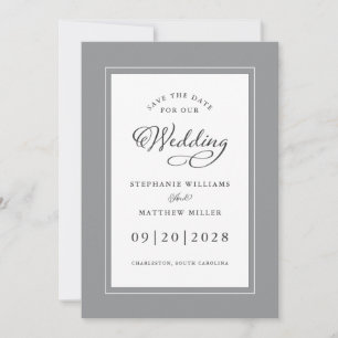 Grått White Elegant bröllop Chic Script Gräns Spara Datumet