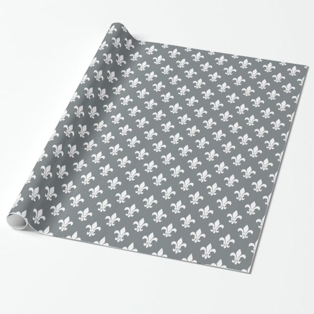 Grått White Fleur de Lis Mönster Presentpapper (Utrullad)