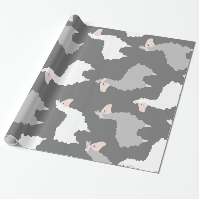 Grått & White Fluffy Llamas Presentpapper (Utrullad)