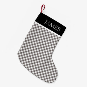 Grått White Gingham Black Collar eget namn Liten Julstrumpa