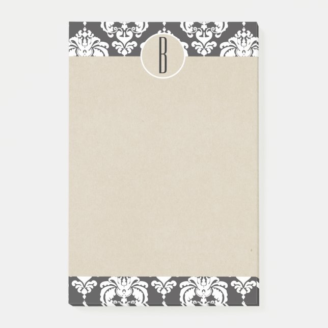 Grått White Glam Damask Kraft Monogram Initial Post-it Block (Framsida)